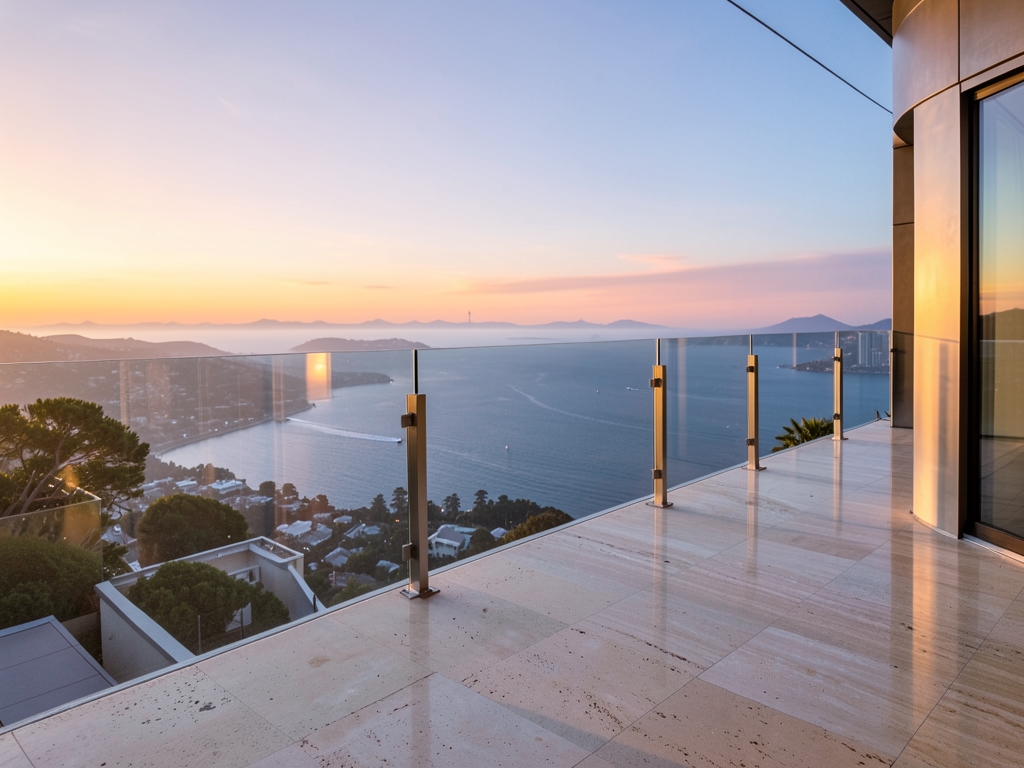 Empty modern condo terrace with glass railing overlooking