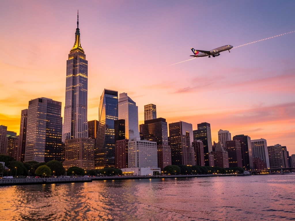 Warm dusk over Manhattan skyscrapers with airplane approaching