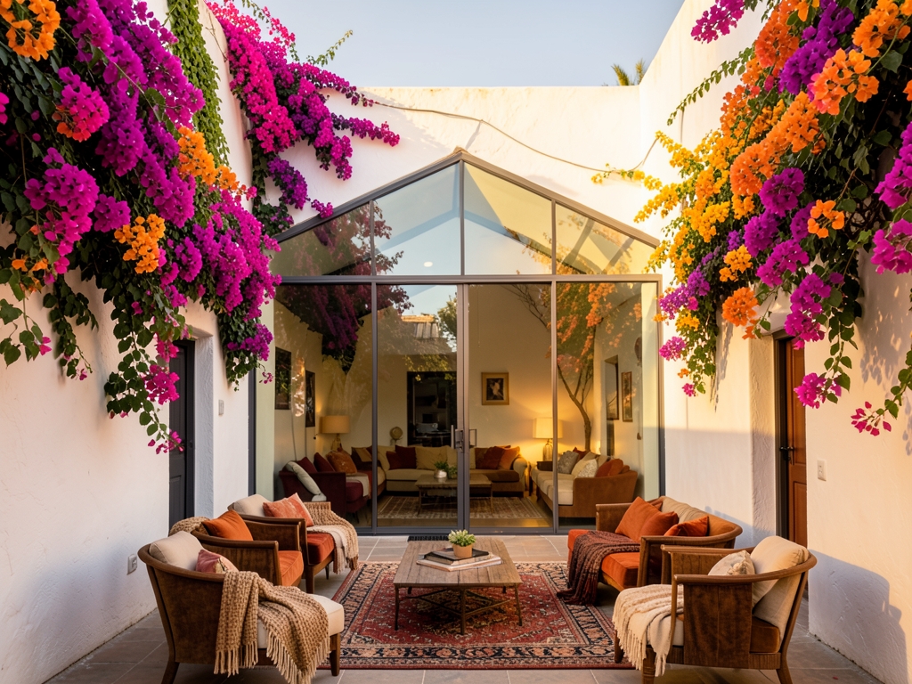 Sun drenched colonial courtyard with vibrant bougainvillea cascading over