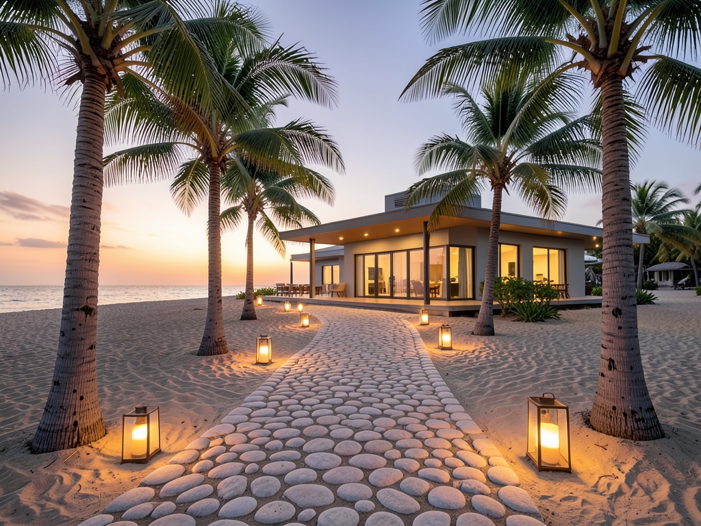Tropical beach path twilight with swaying palms framing