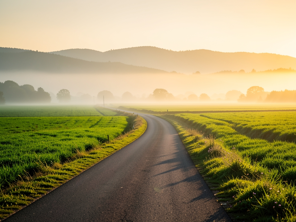 Misty sunrise over winding country road through green