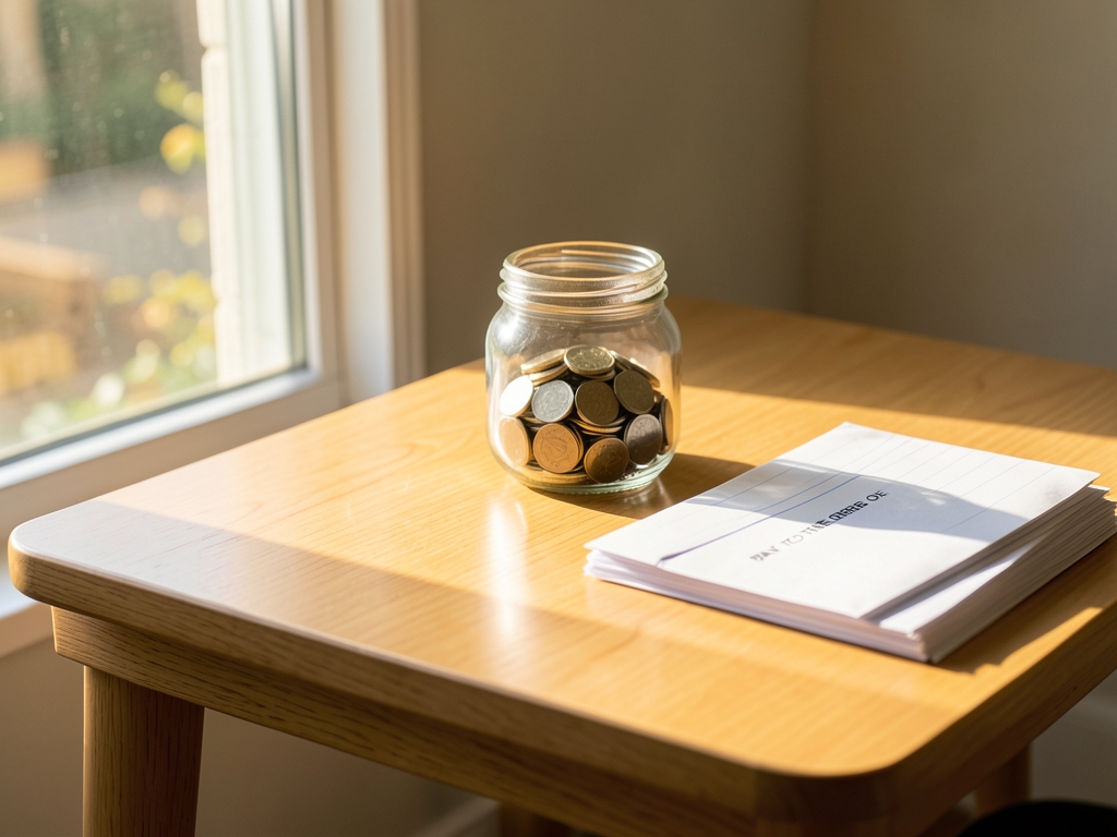 Sunlit small kitchen table with glass coins stacked