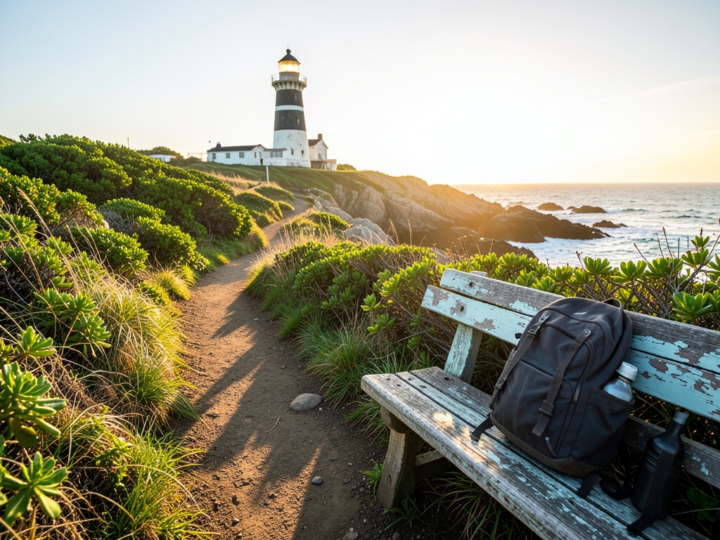 Winding seaside trail golden hour toward distant lighthouse