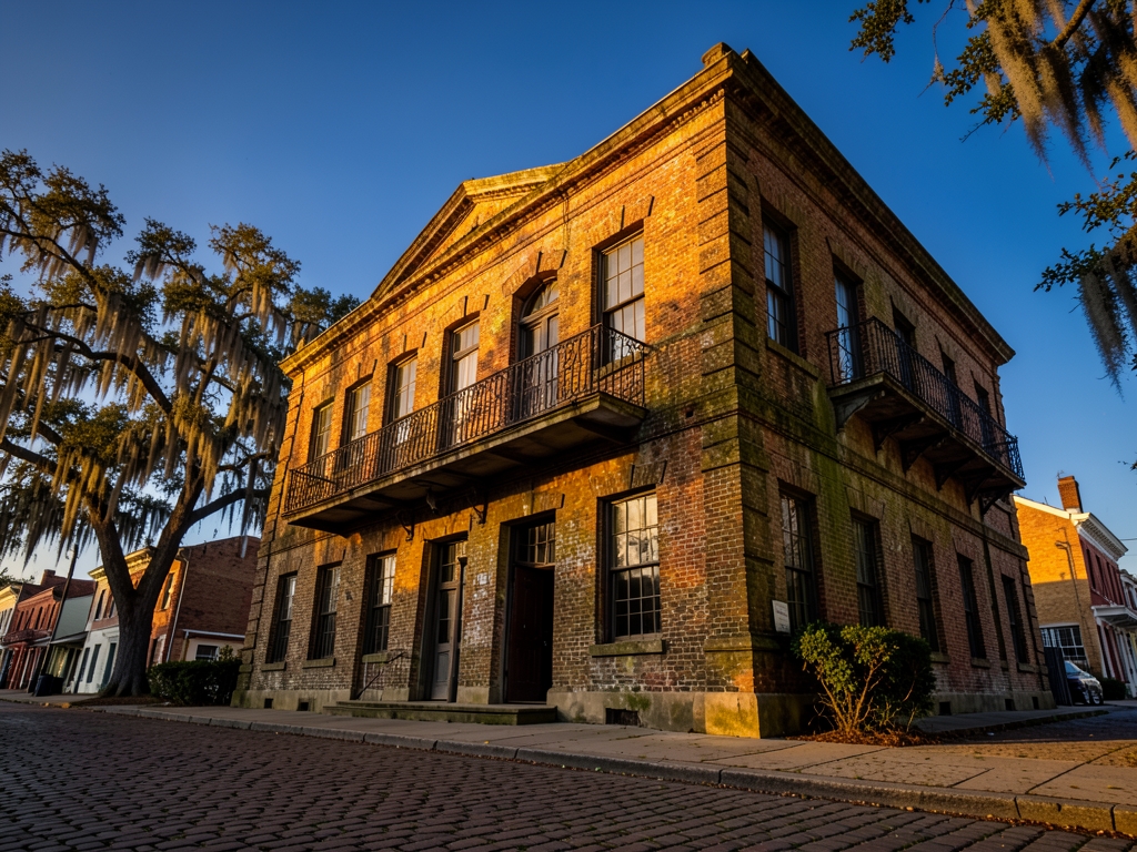 weathered Louisiana courthouse with wrought iron balconies warm amber