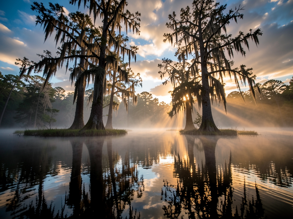still bayou golden hour cypress trees reflected dark