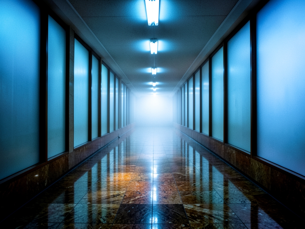 long empty corridor polished stone floors cold fluorescent