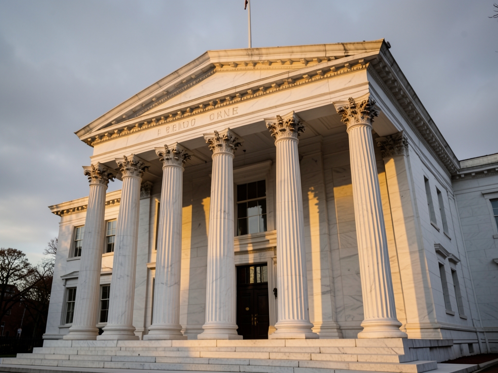 marble courthouse dusk pale golden light washing over