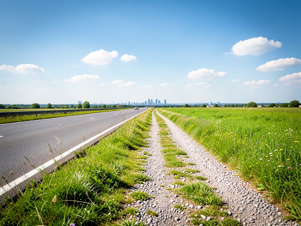 wide sunlit highway stretching straight toward distant skyline