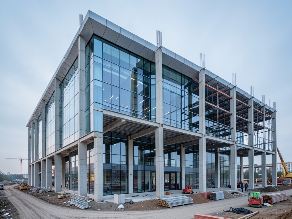 modern glass and steel commercial building under construction with concrete