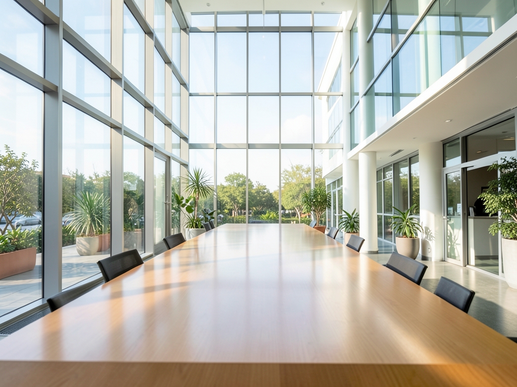 Bright modern glass office atrium with long empty