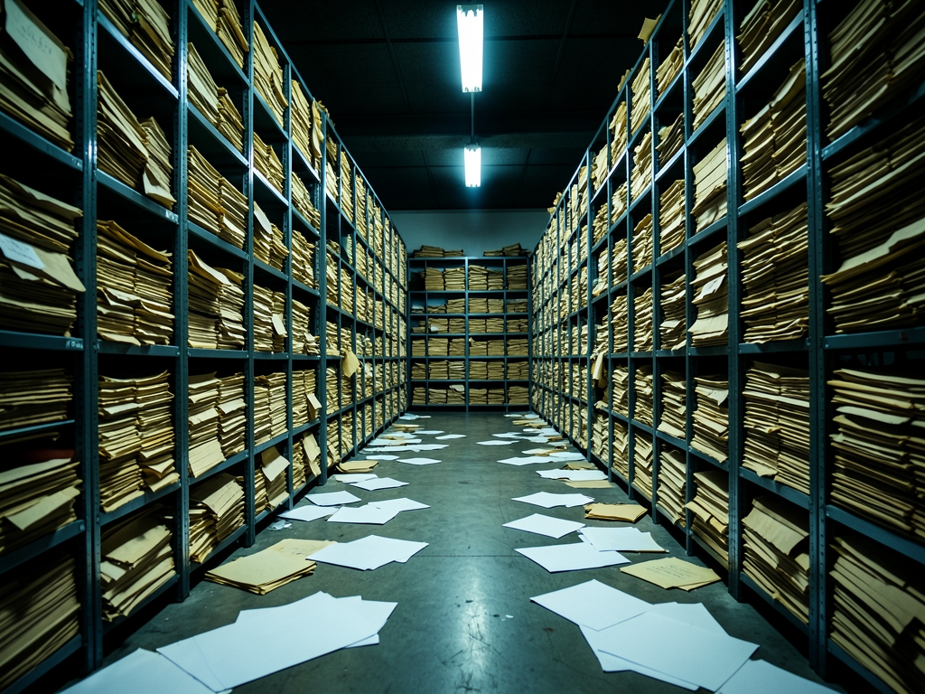 Vast paper archive with towering metal shelves scattered