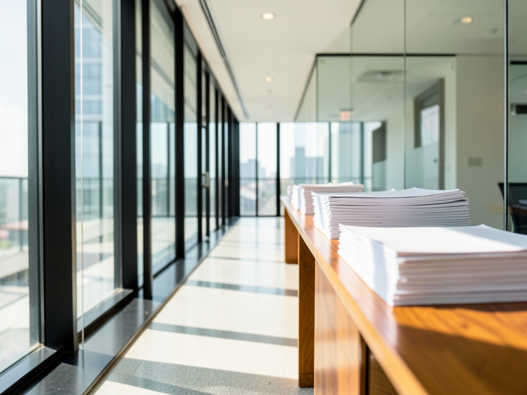 Sunlit modern office hallway with glass partitions neat
