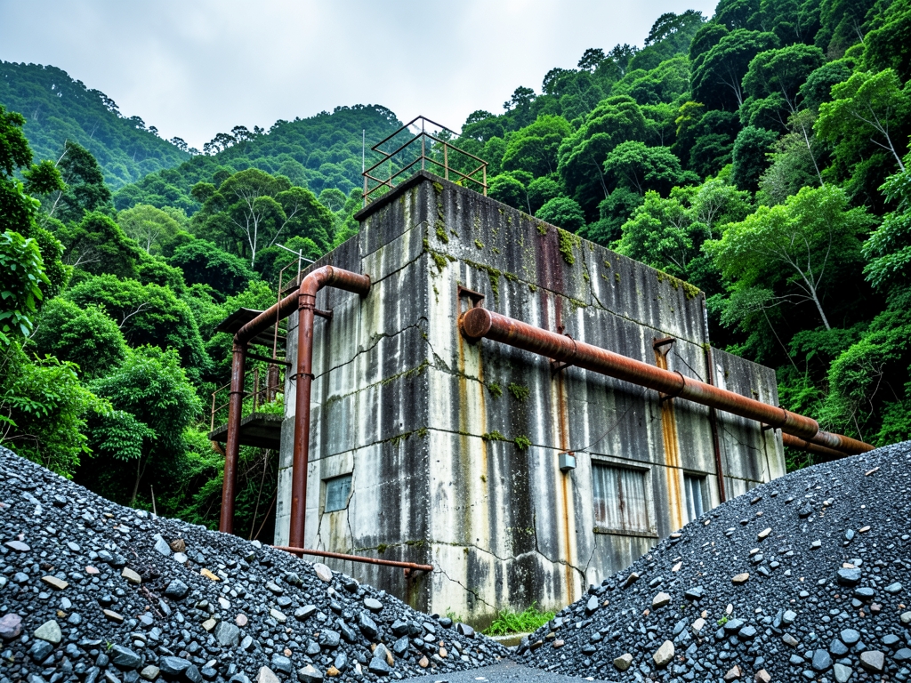 weathered concrete processing facility nestled among lush green