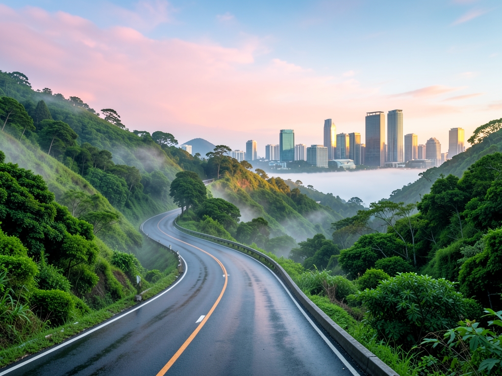 Winding two lane road cutting through misty green hills