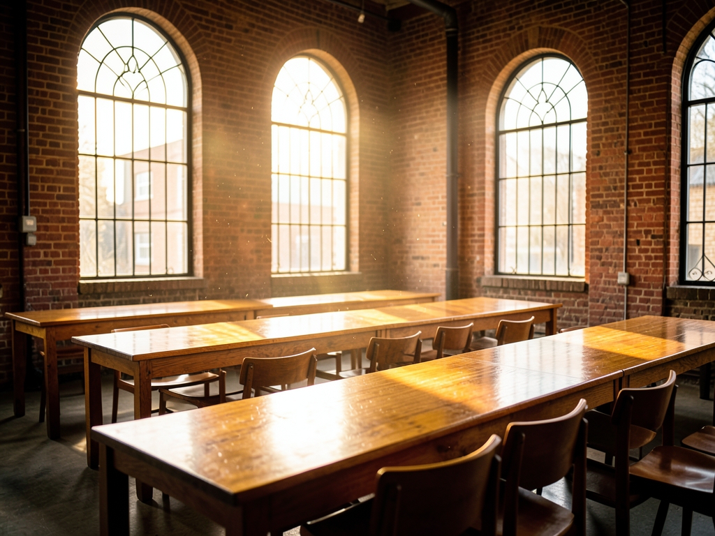Sunlit converted brick warehouse office with long tables