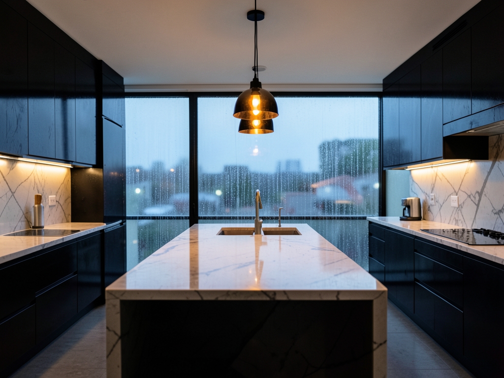 rain soaked open plan kitchen dusk with marble countertops pendant