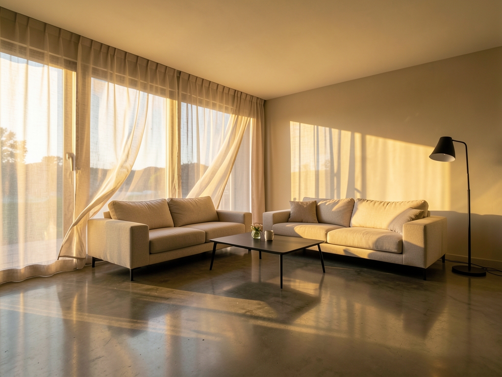 sunlit empty living room with floor to ceiling windows sheer
