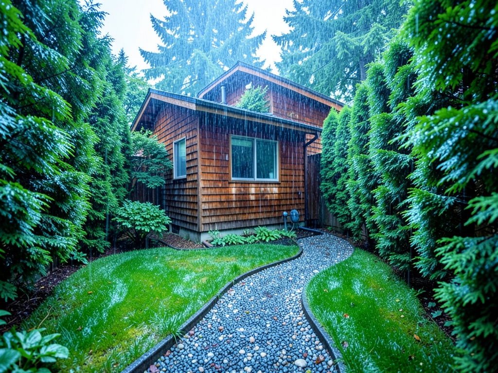 narrow Seattle rear yard with compact cedar clad cottage