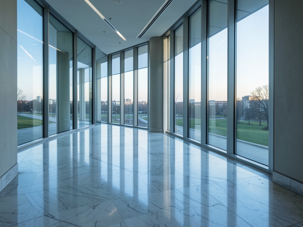 Empty modern courthouse corridor with marble floors tall