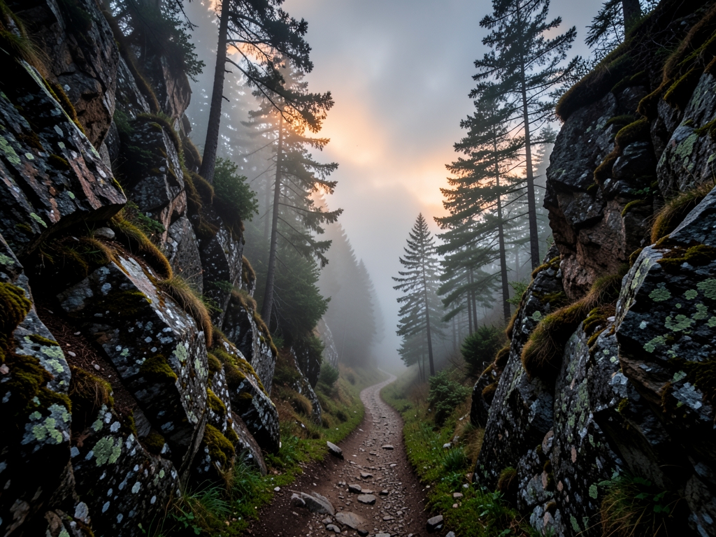 Forked mountain trail foggy highlands dusk with rocky