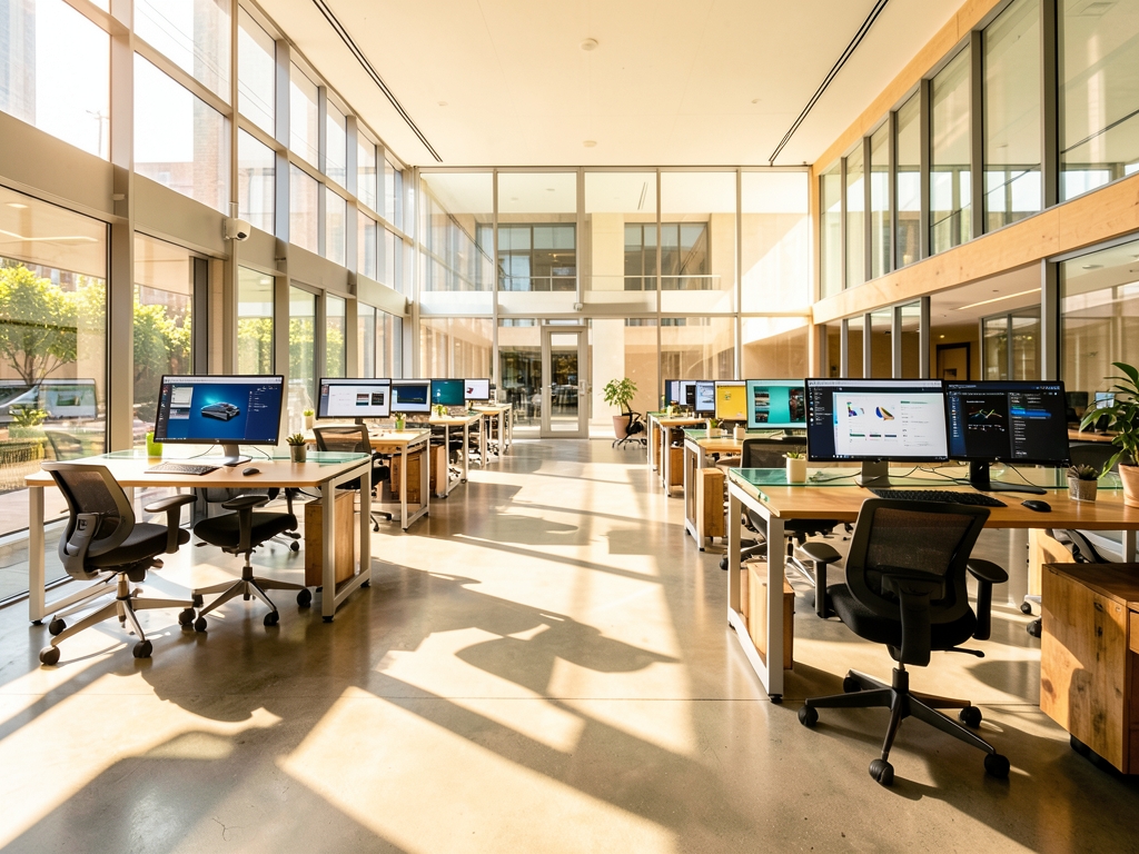 Sunlight streams through glass walled atrium where modular workstations