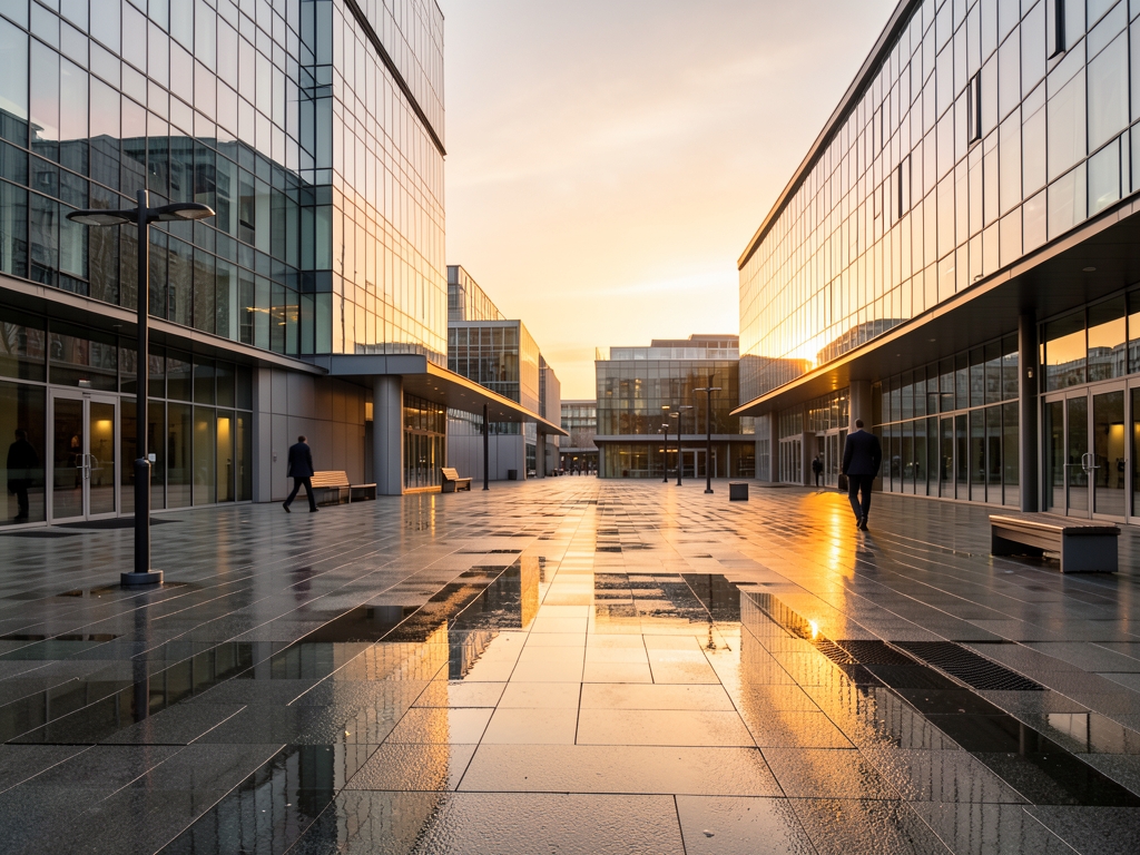 wide angle view sleek modern plaza golden hour glass