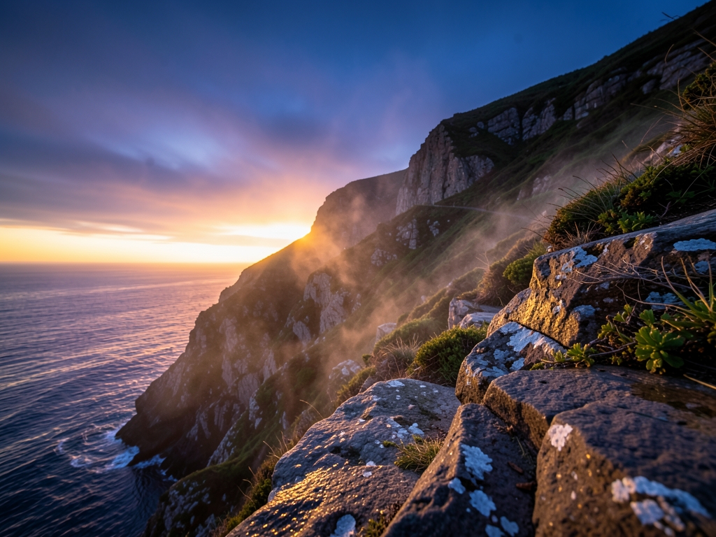 windswept coastal cliff twilight salt haze softening amber
