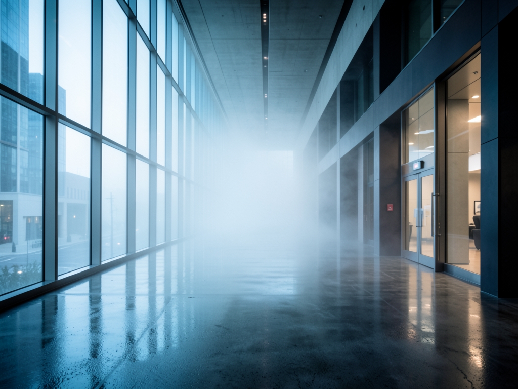 long corridor inside towering financial building dawn pale