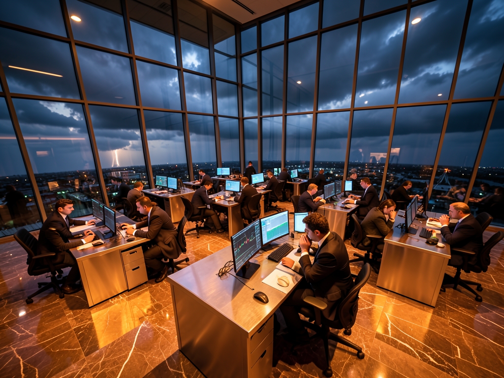 cavernous glass walled trading hall twilight amber light spilling