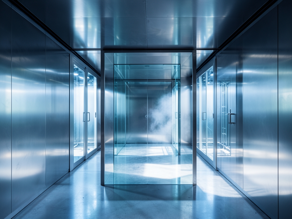 Polished steel vault hall with glass chambers under