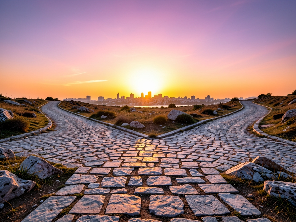 Wide open crossroads winding stone paths toward distant
