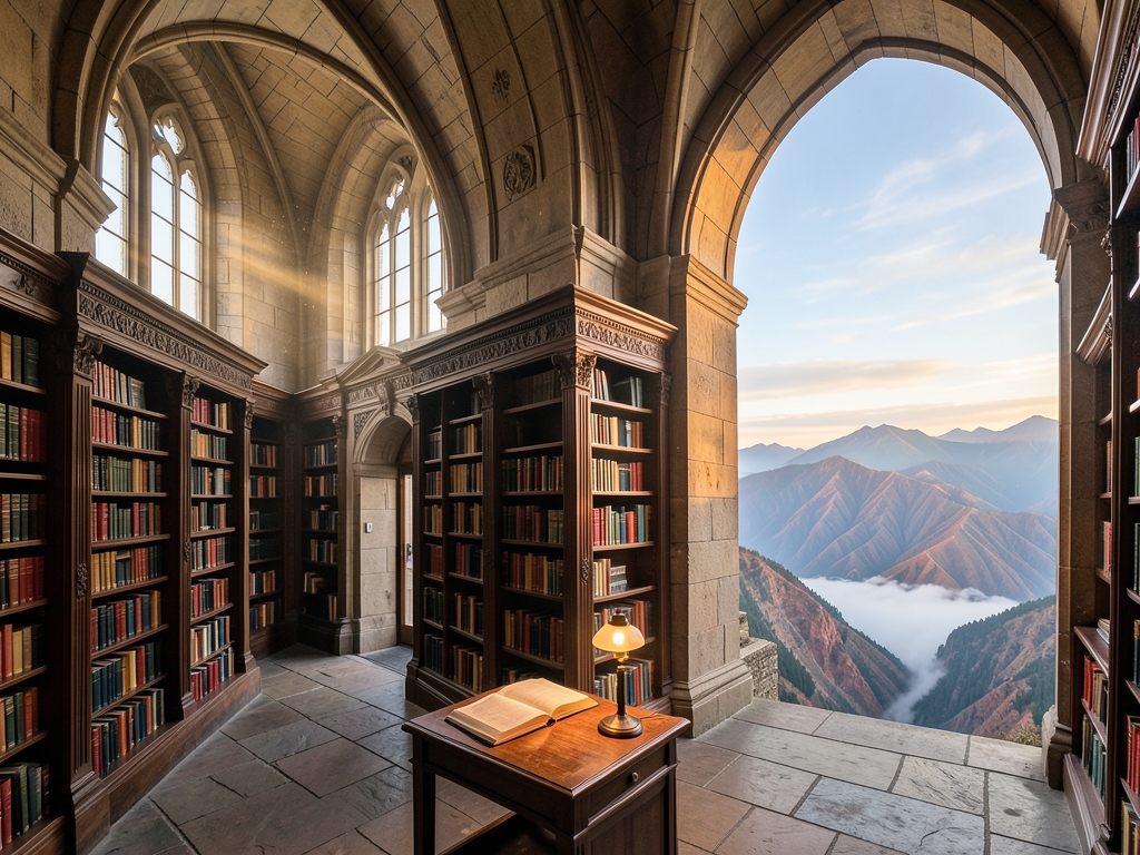 grand stone library dawn pale light filtering through