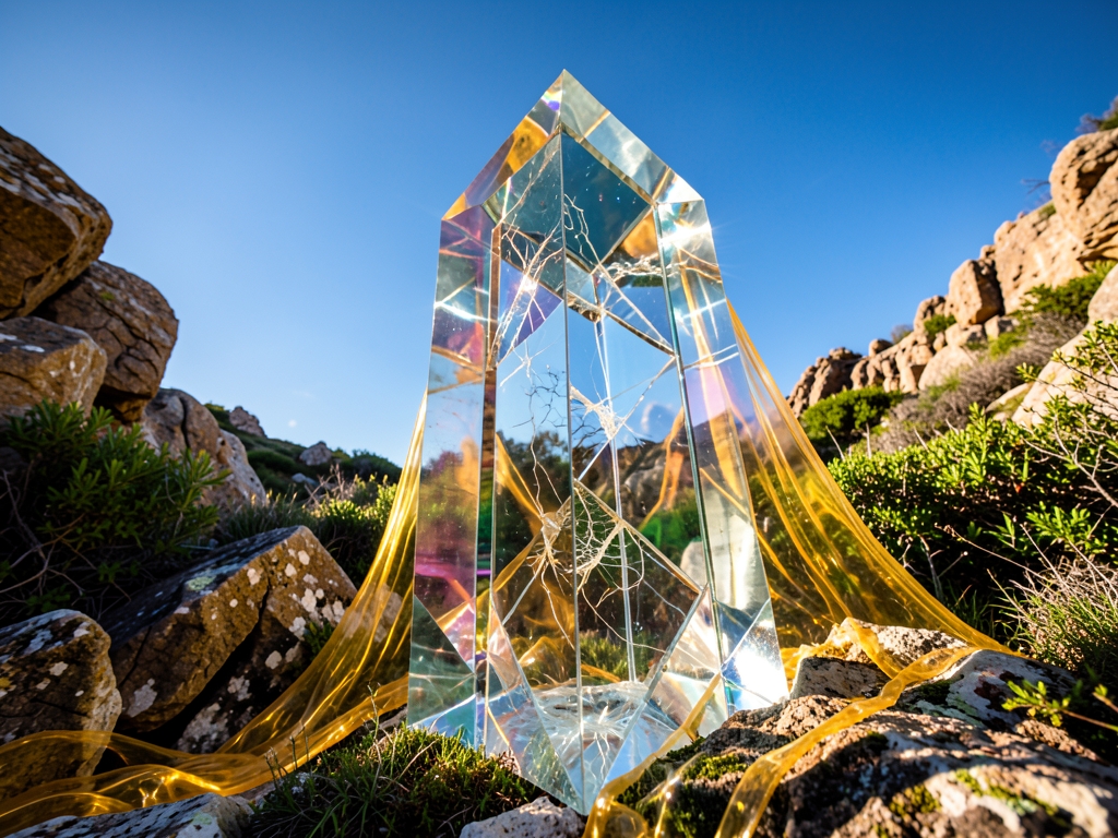 Sunlight fractures through towering prism layered geometric glass