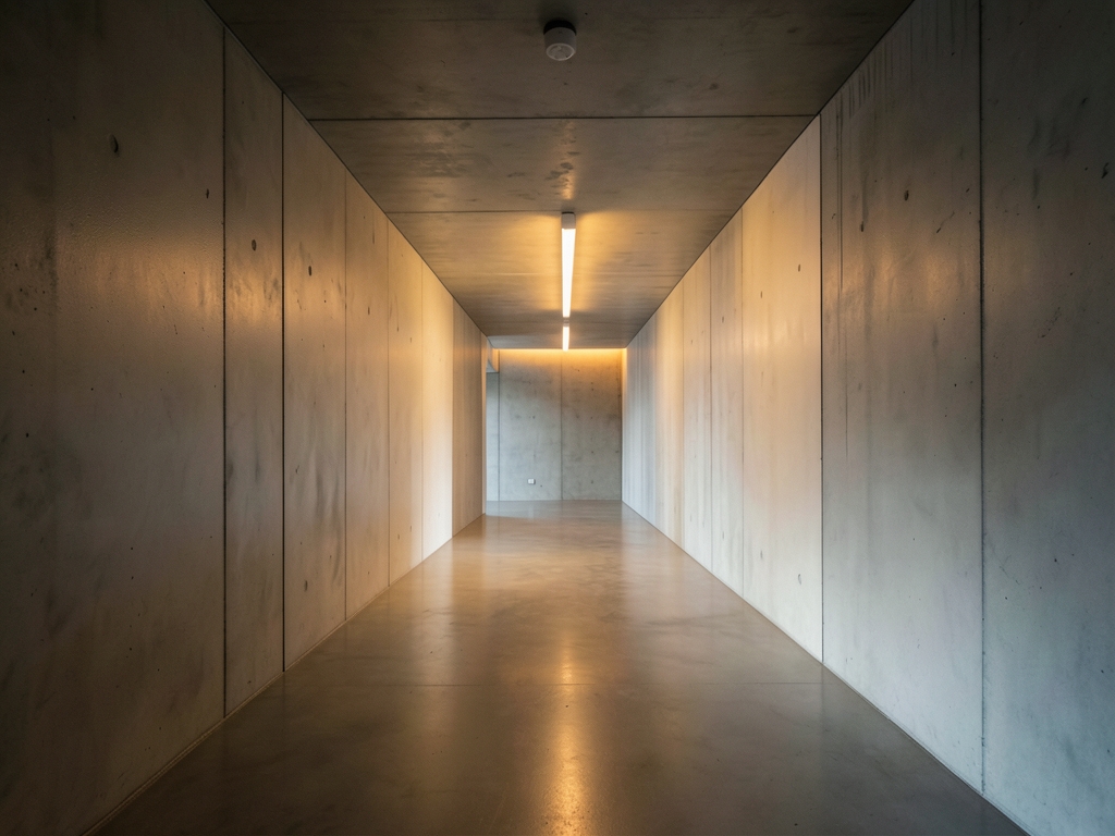 minimalist concrete corridor with single beam warm light