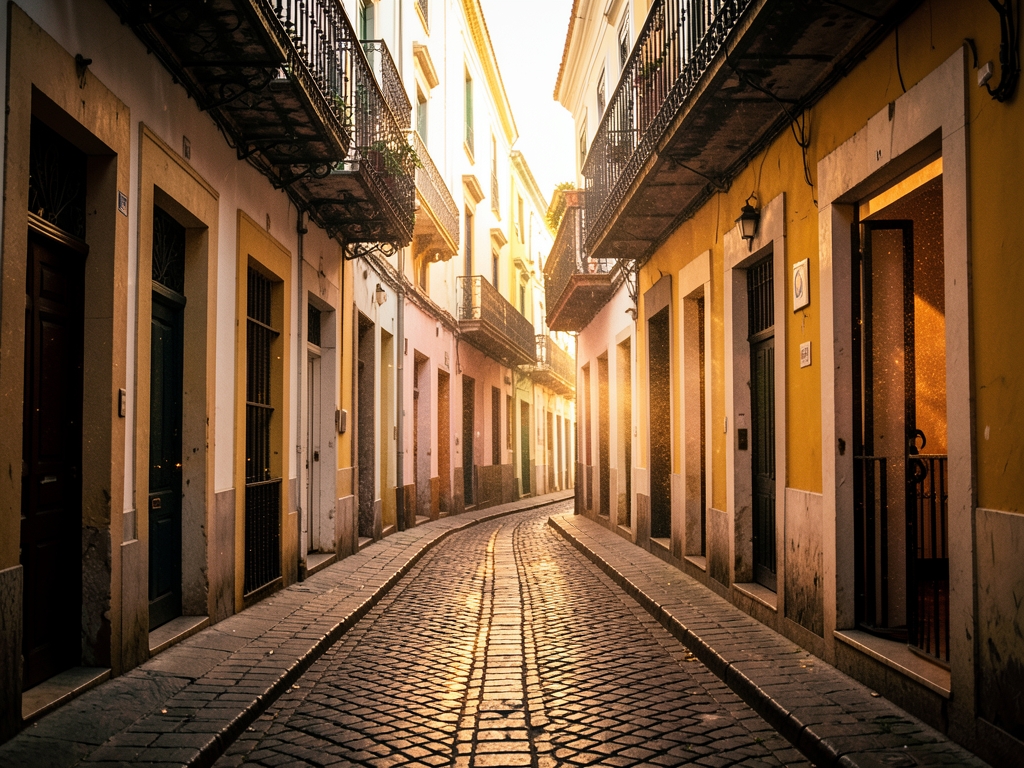 narrow colonial street Havana bathed golden hour glow