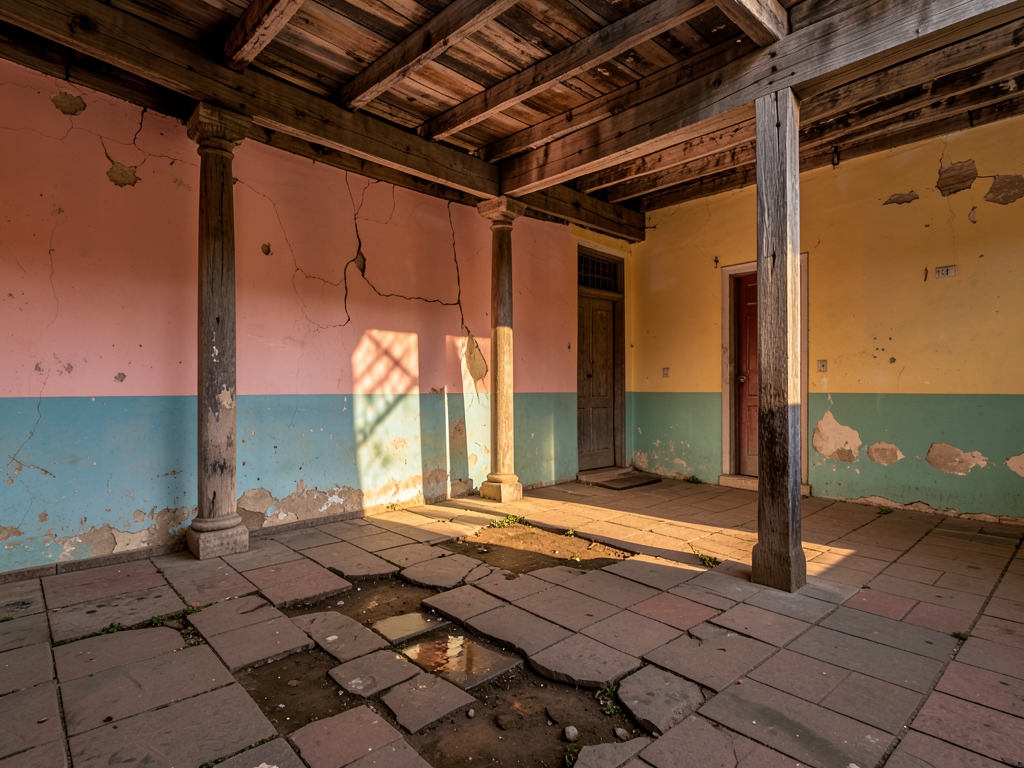 Sunlight filters through peeling pastel stucco walls crumbling