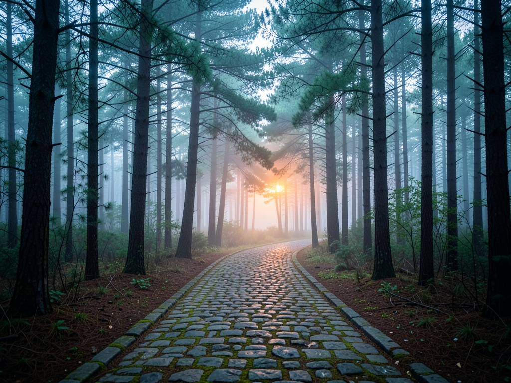 single worn cobblestone trail curving through dense pine