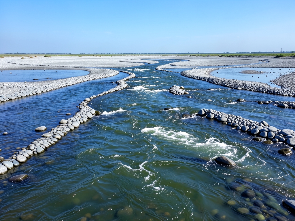 wide empty river delta with several braided channels