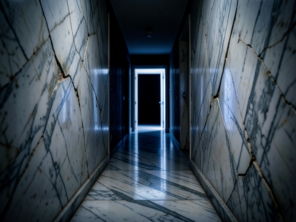 narrow marble corridor with cracked walls cold light