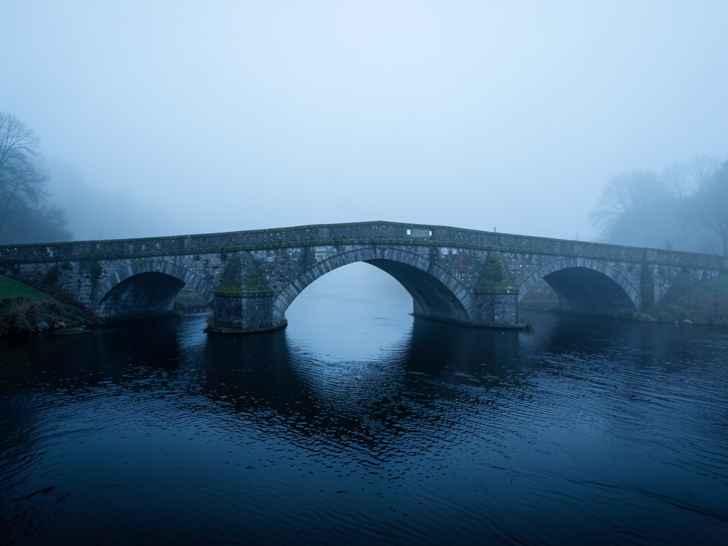 fog covered stone bridge stretching over dark river dawn