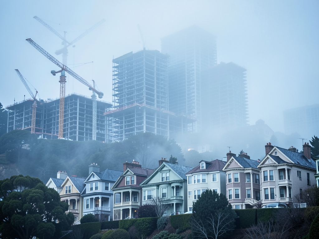 misty Francisco hillside with cranes half finished mid rise condos