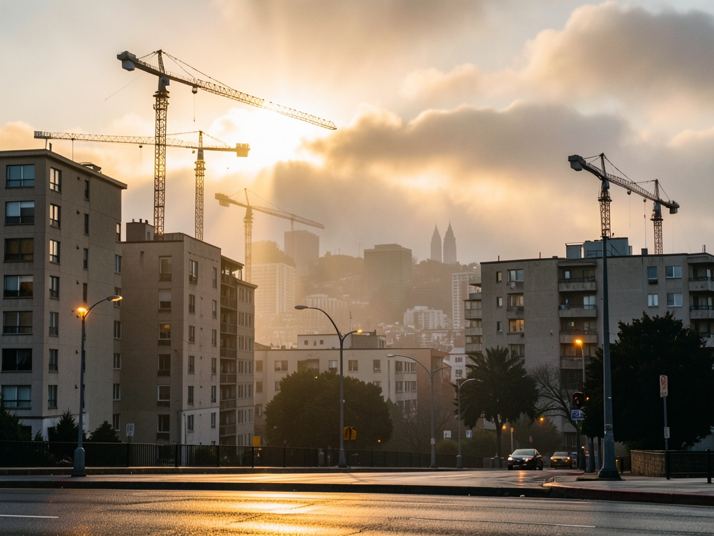 misty morning over Francisco s skyline with construction cranes