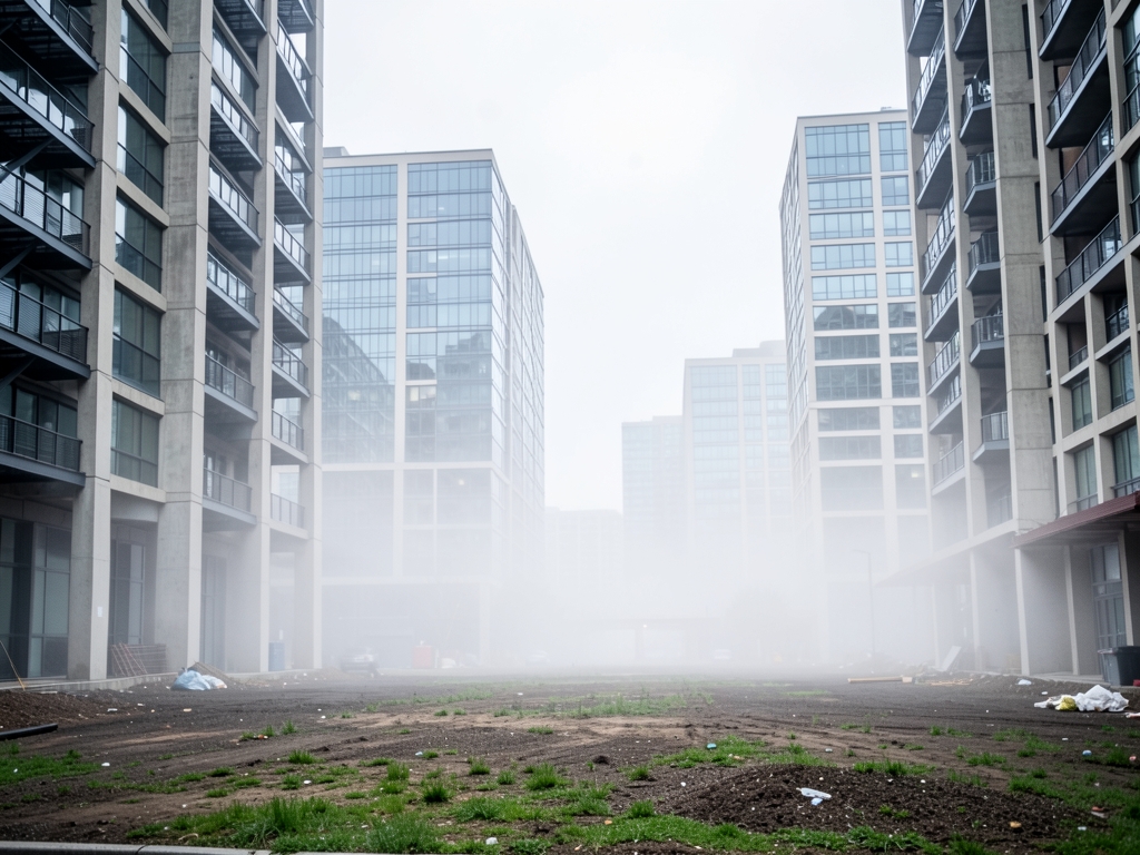 misty SoMa morning over cleared urban with steel framed