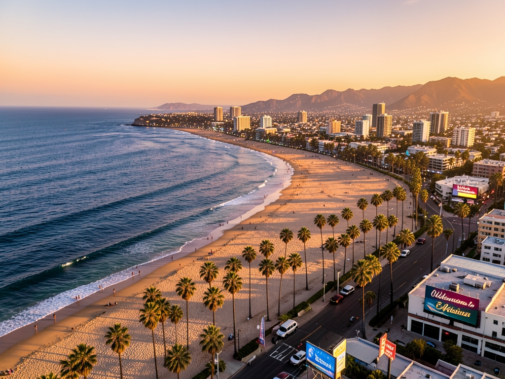 Warm sunset glow over Southern California coastline with