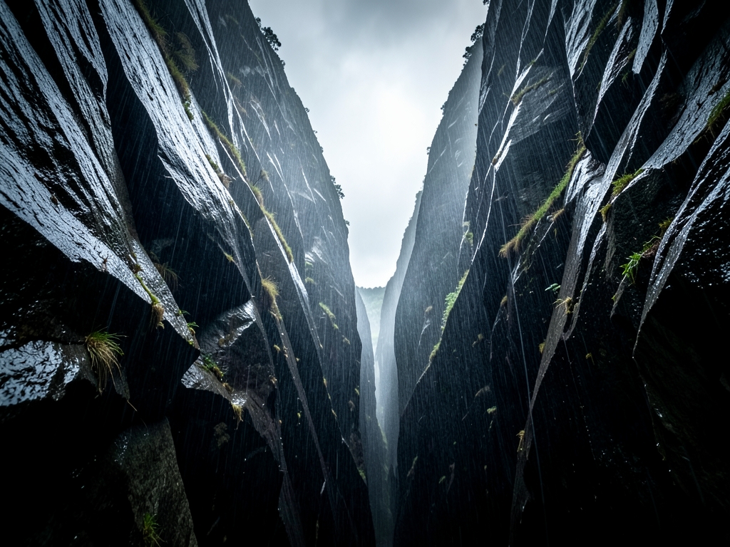 Line deep narrow canyon carved from slate shrouded