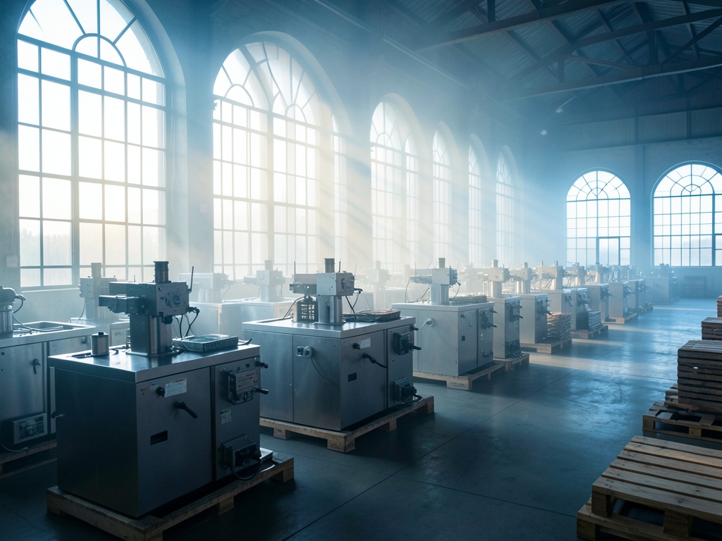 Dawn light through high factory windows over neat