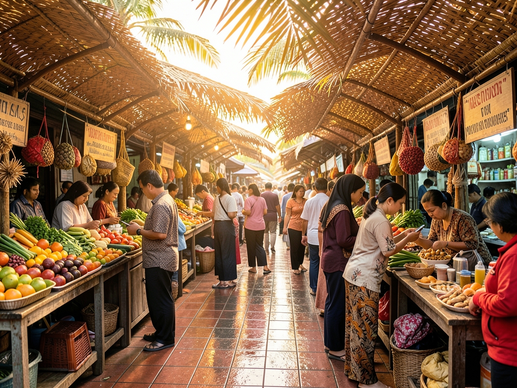 bustling Indonesian street market golden hour vendors under