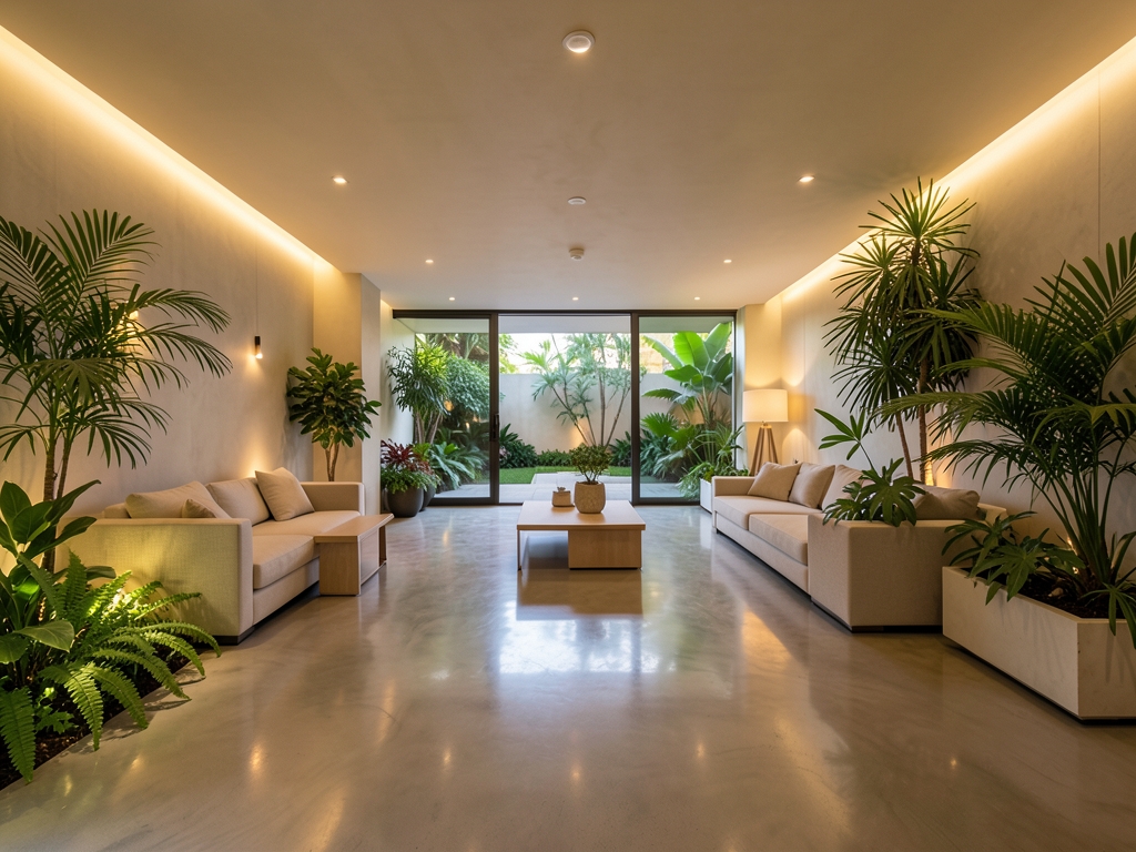 Wide angle view minimalist luxury retreat interior with warm