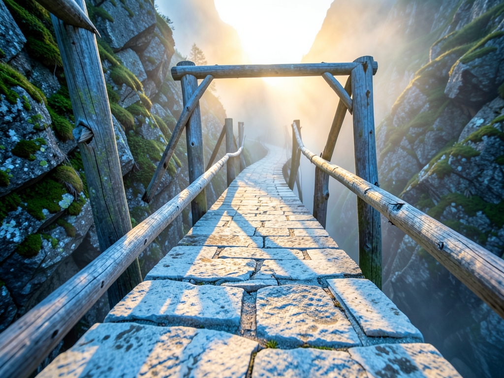 Pale stone causeways split through misty alpine canyon