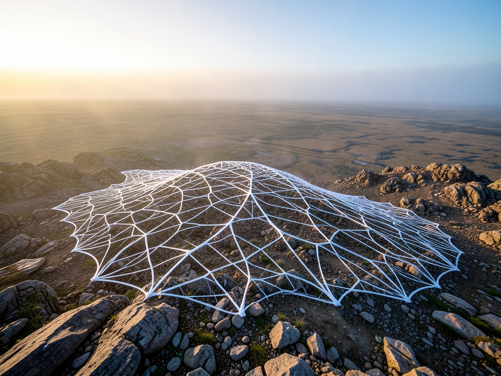 aerial perspective topology optimized structural lattice rising from stone